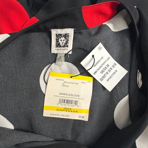 Anne Klein Womens Dot-Print Split-Neck Blouse Top Medium Black/Poppy Combo New - Picture 3 of 8